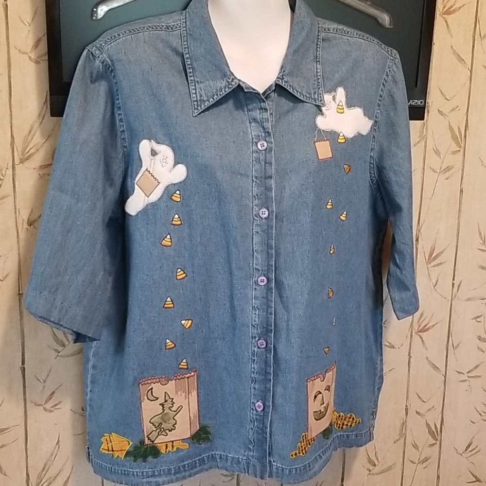 Lemon Grass Womens Large Denim Halloween Blouse - Picture 1 of 8